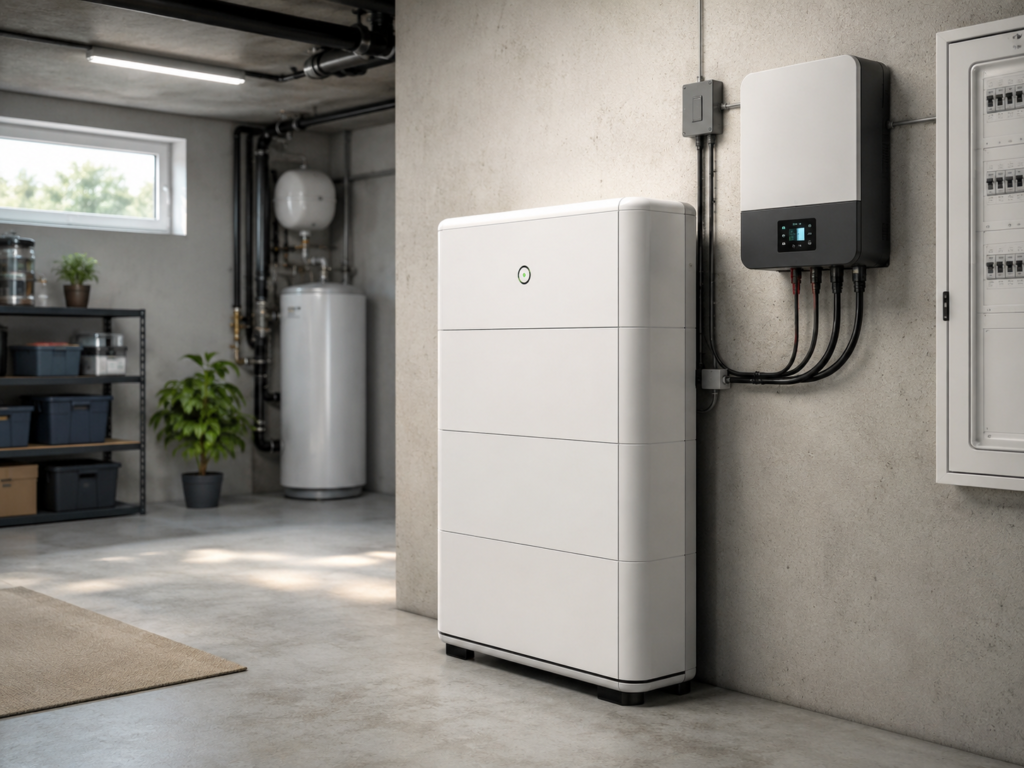 Das Beitragsbild zum Beitrag "Batteriespeicher für Photovoltaik: Wann er sinnvoll ist und worauf Hausbesitzer achten sollten" mit einer Abbildung von einem Energiespeicher im Keller