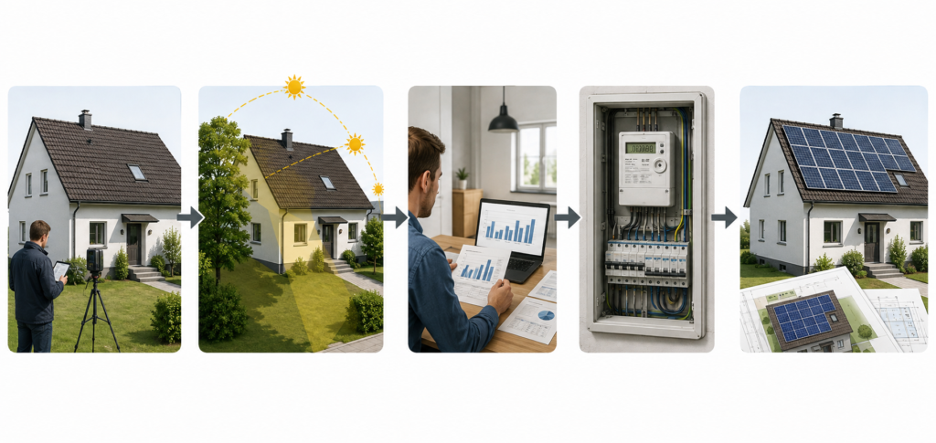 Fünf Schritte zeigen Dachaufnahme, Schattenanalyse, Verbrauchsprüfung, Zählerschrank und fertige PV-Planung.