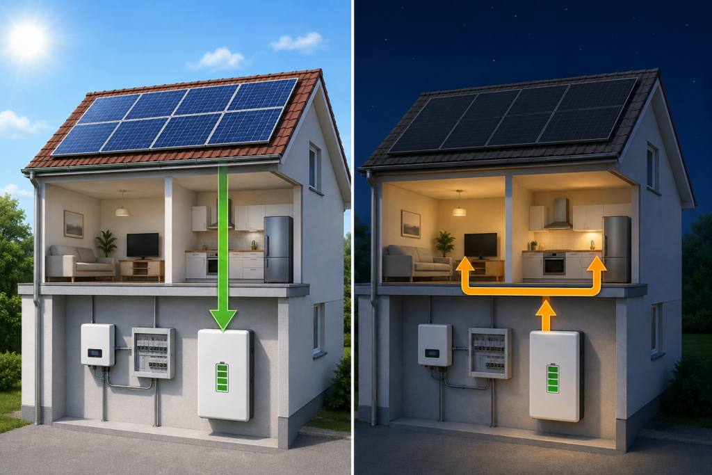 Batteriespeicher lädt tagsüber mit Solarstrom und versorgt am Abend die Verbraucher im Haus.