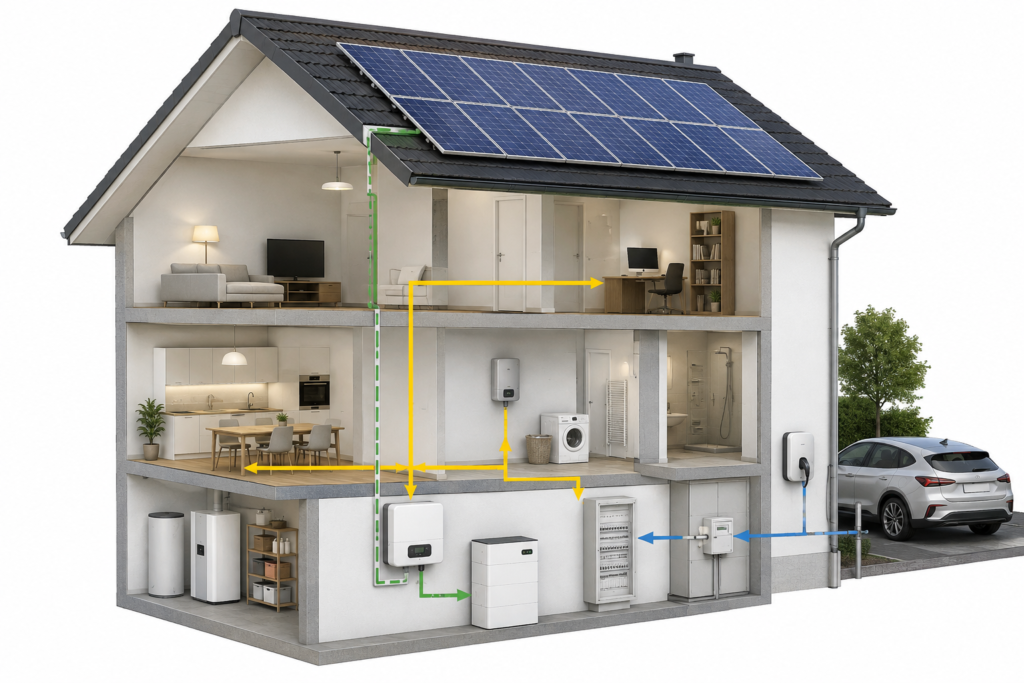 Hausquerschnitt zeigt die technischen Komponenten und Energiewege einer Photovoltaikanlage.