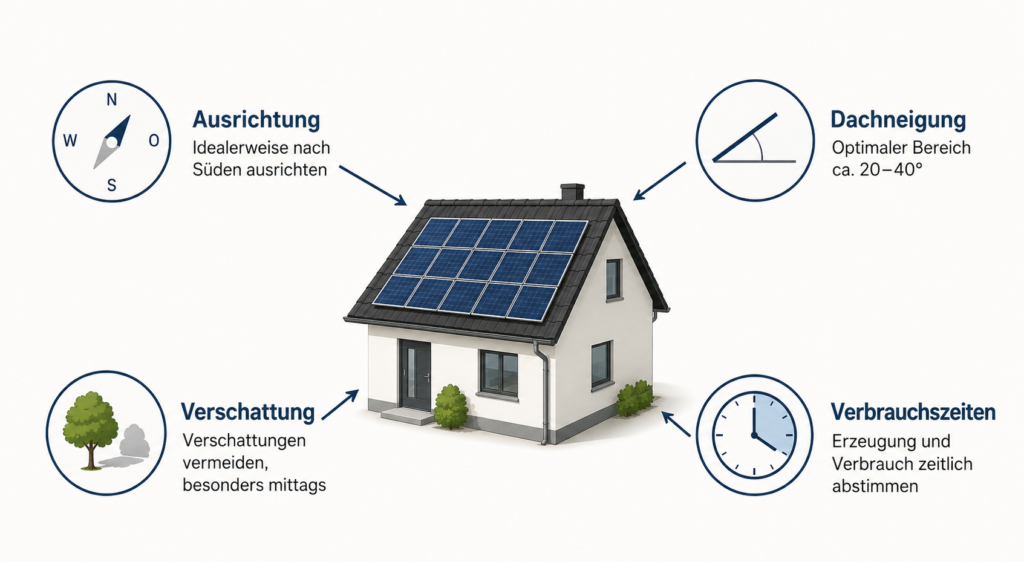 Schema zeigt Ausrichtung, Dachneigung, Verschattung und Verbrauchszeiten als Faktoren der Photovoltaikplanung