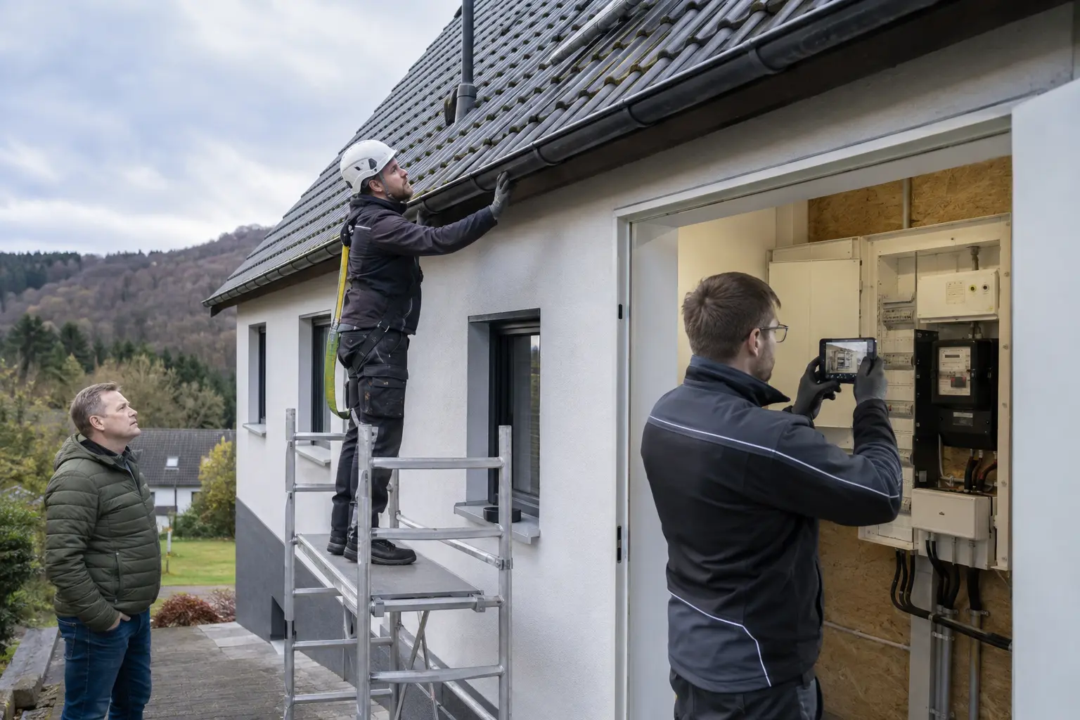 Fachkräfte prüfen Dach und Zählerschrank eines Einfamilienhauses vor der Installation einer Photovoltaikanlage.